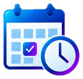A calendar icon with a purple checkmark on a specific date and a clock in the foreground.