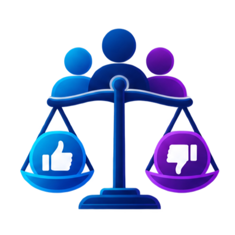 Balance scale with thumbs-up icon on the left side and thumbs-down icon on the right side, with three abstract human figures in the background.