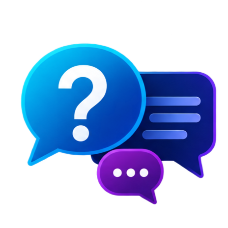 Three speech bubbles with question mark, lines, and ellipsis icons in blue, purple, and pink colors.