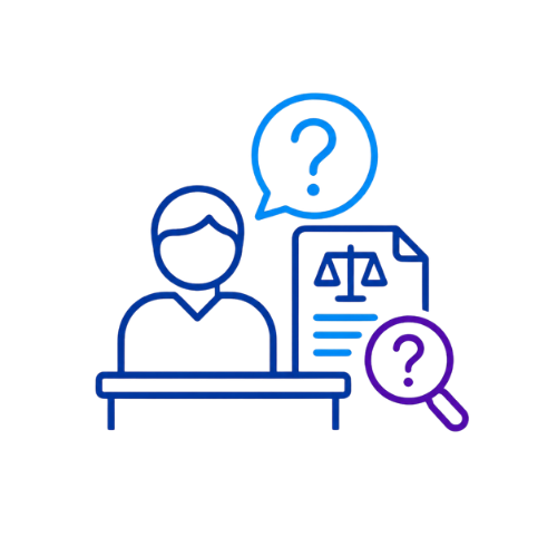 Icon of a person at a desk with legal documents, a magnifying glass, and question marks.