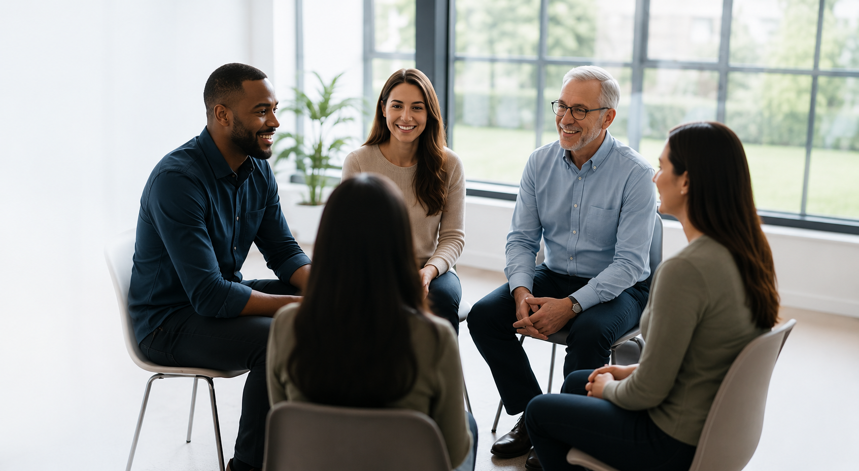 Five people sitting in a circle talking and smiling during a meeting in a modern office with large windows and natural light.