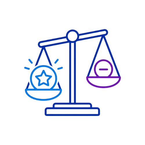 A digital illustration of balance scales with a star inside one bowl and a minus sign inside the other bowl, representing weighing or comparison.