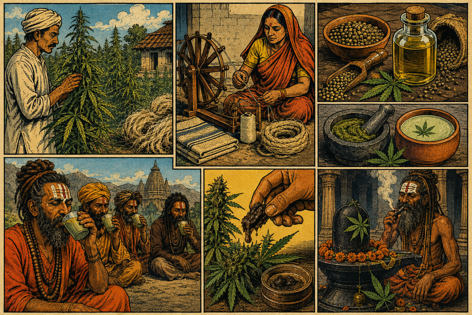 Historical illustration from the Indian Hemp Drugs Commission showing traditional cannabis cultivation, preparation, fibre production and use in India.