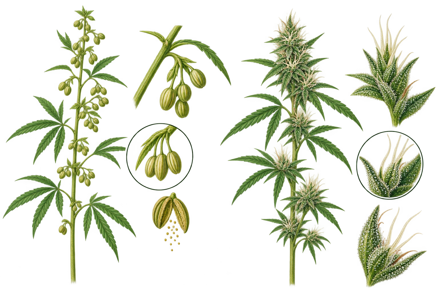 Illustration showing the different stages and parts of a cannabis plant, including flowering buds, leaves, and glandular trichomes.
