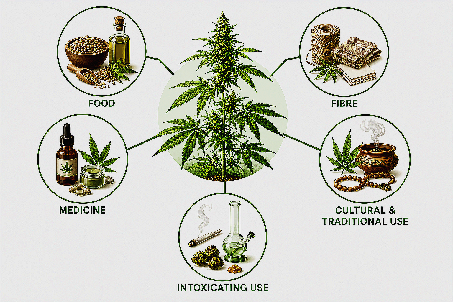 Diagram of the different uses of cannabis, including food, medicine, intoxicating use, cultural and traditional use, and fibre.