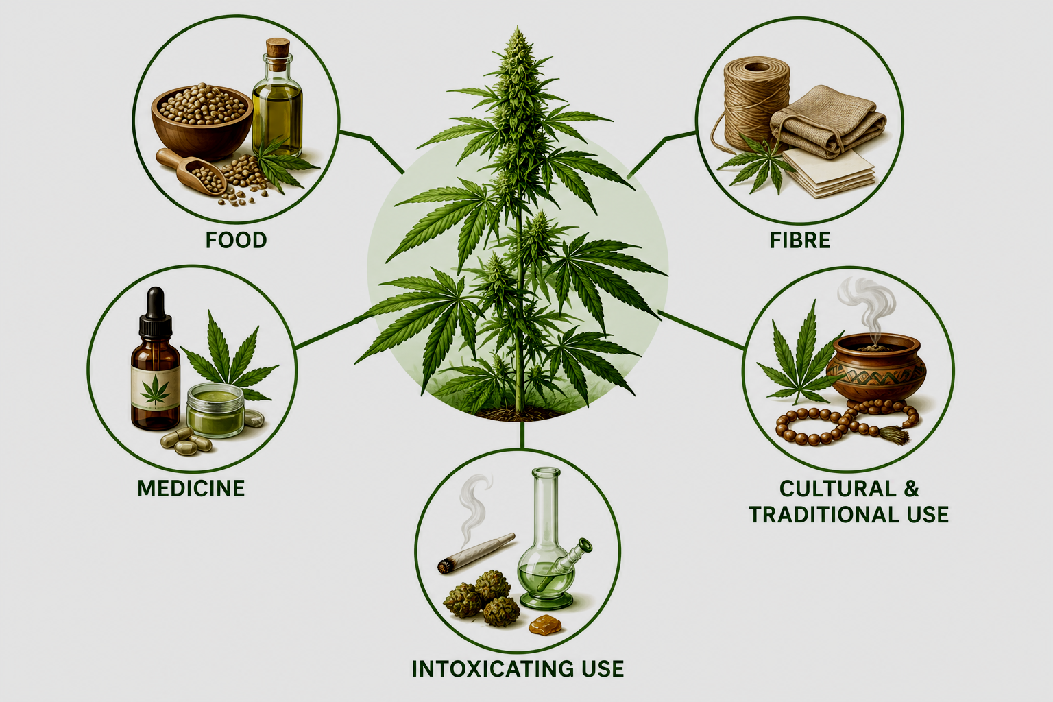 Diagram of a cannabis plant centered and surrounded by five categories: Food with a bowl of seeds and a bottle of oil; Fibre with yarn, fabric, and leaf; Cultural & Traditional Use with incense, beads, and a leaf; Medicine with drops, pills, and a leaf; and Intoxicating Use with a joint, cannabis, and a bong.