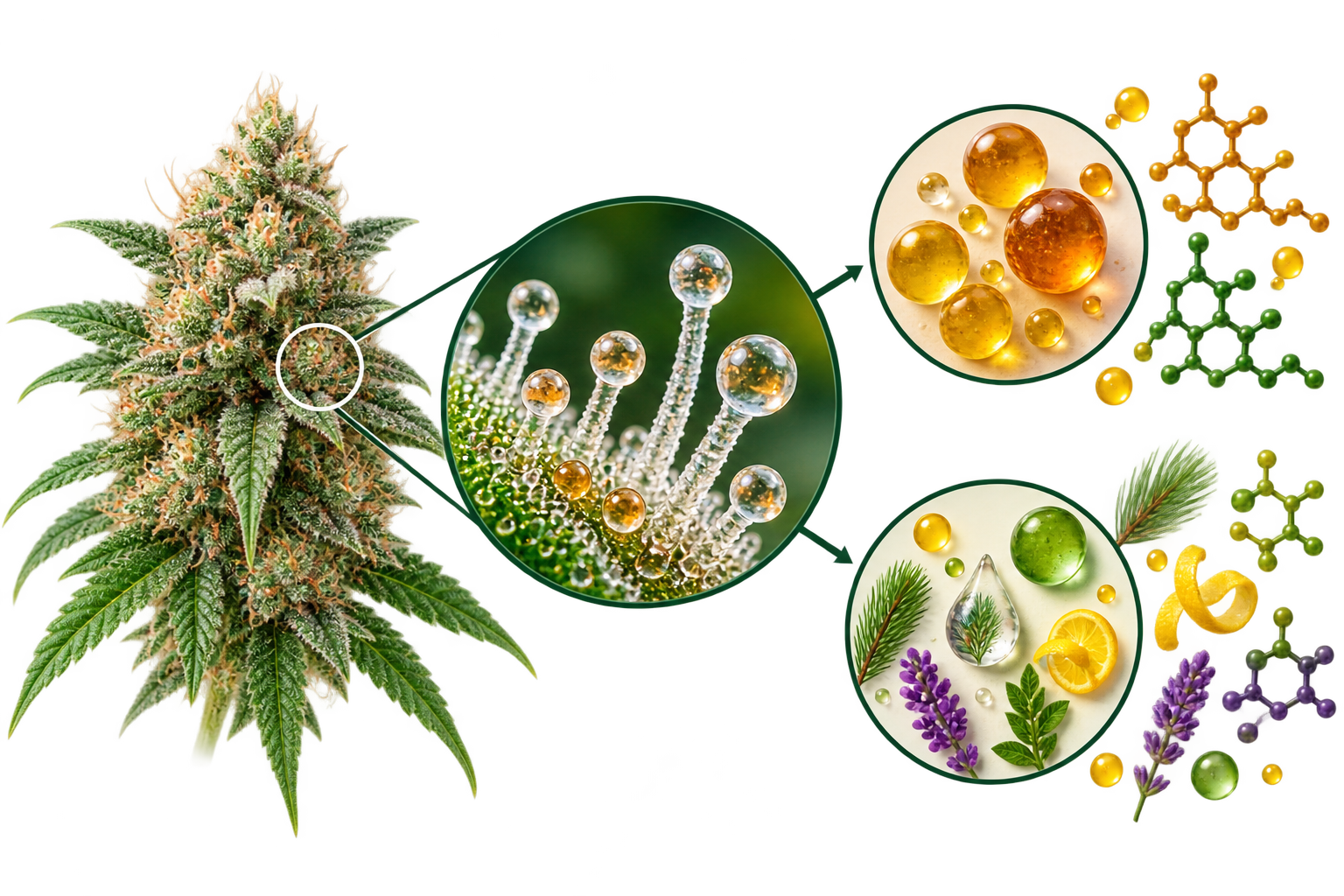 Diagram of cannabis plant parts and medicinal compounds, including close-ups of trichomes with cannabinoids and terpenes, and herbal ingredients like lavender, lemon, and pine.