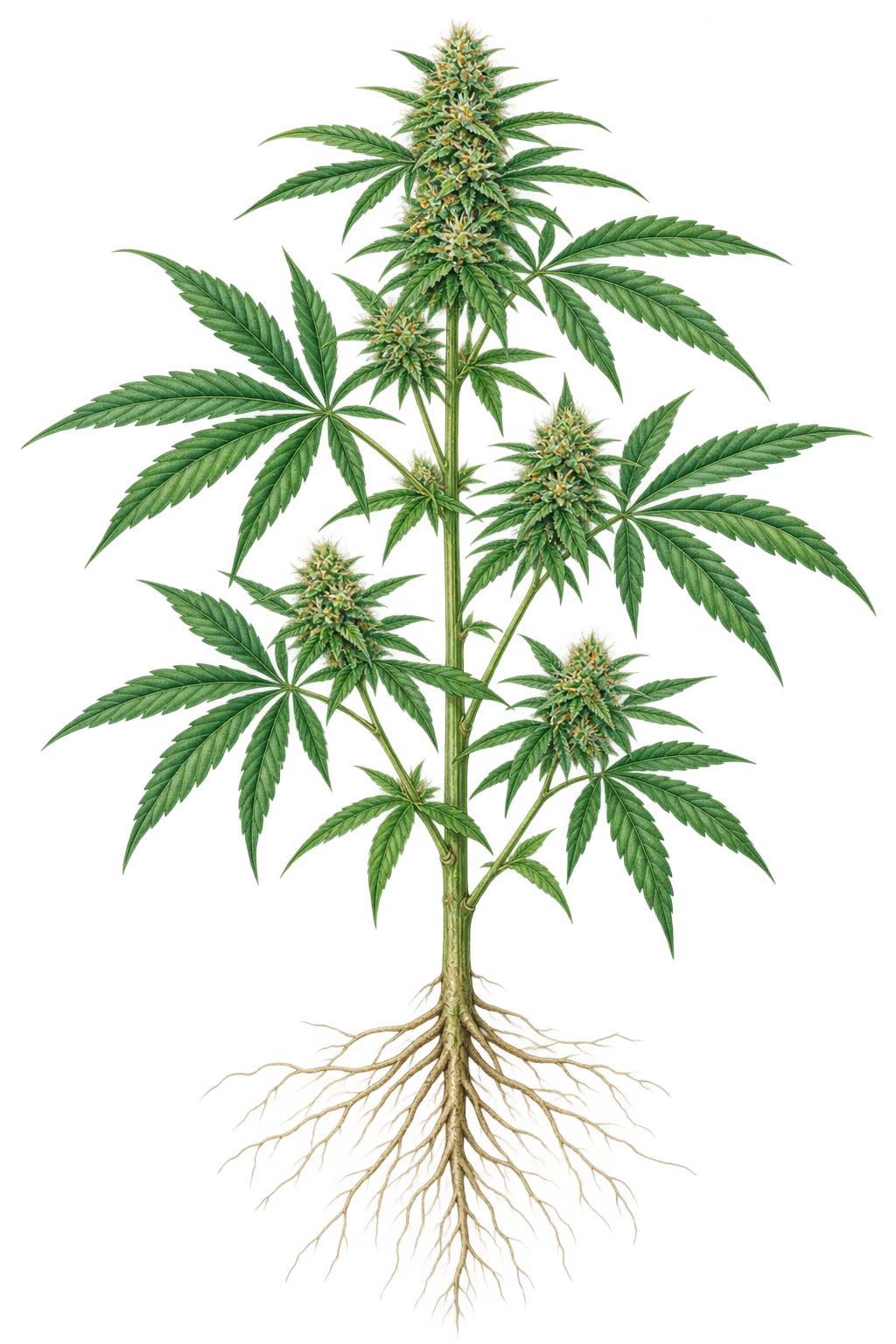 Illustration of a cannabis plant with green leaves and flowering buds, with roots visible underground.