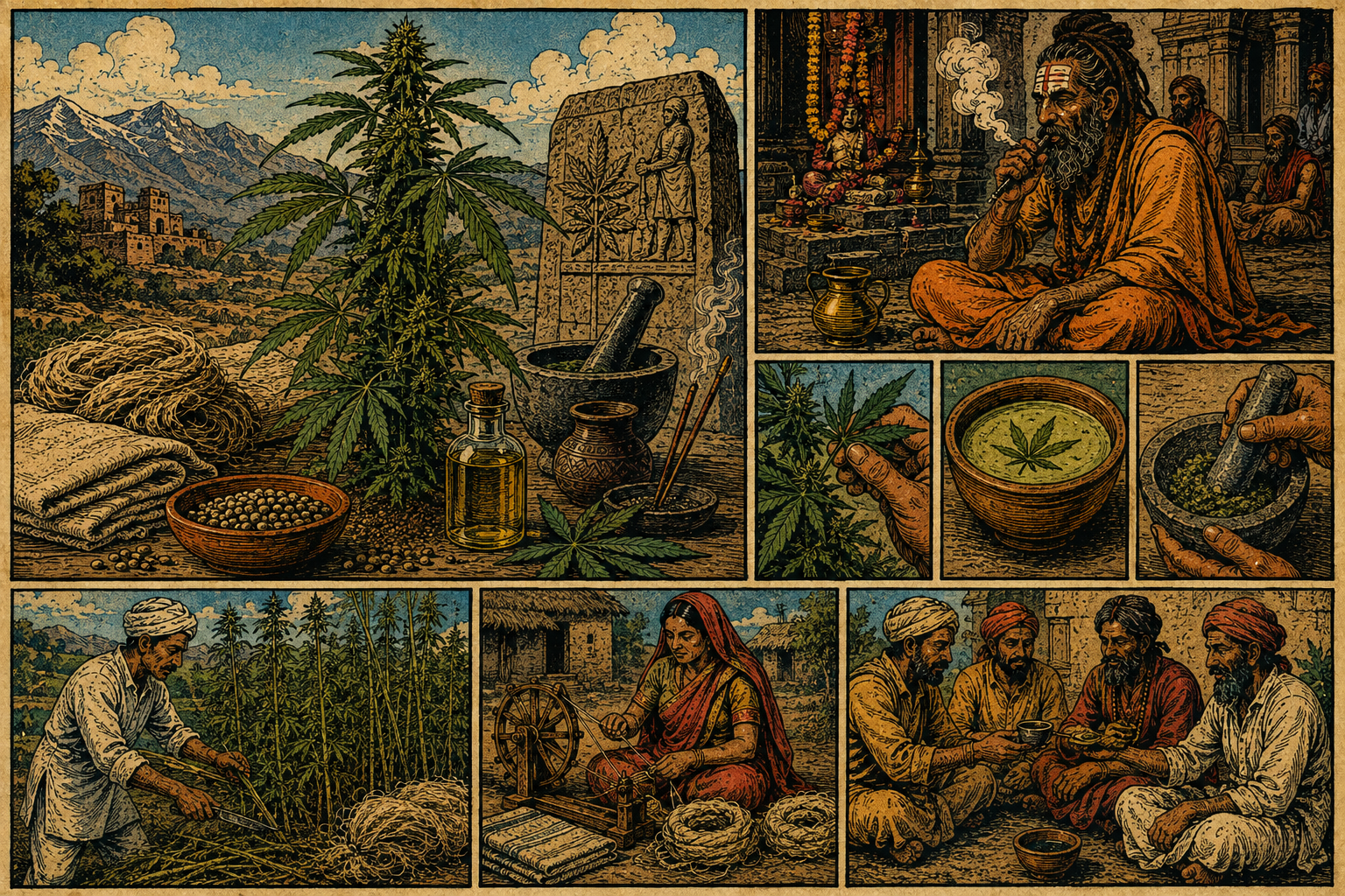 Historical illustration depicting the use of cannabis in Indian culture, featuring a large cannabis plant, traditional tools for preparing cannabis, and scenes of people harvesting and using cannabis in a village setting.