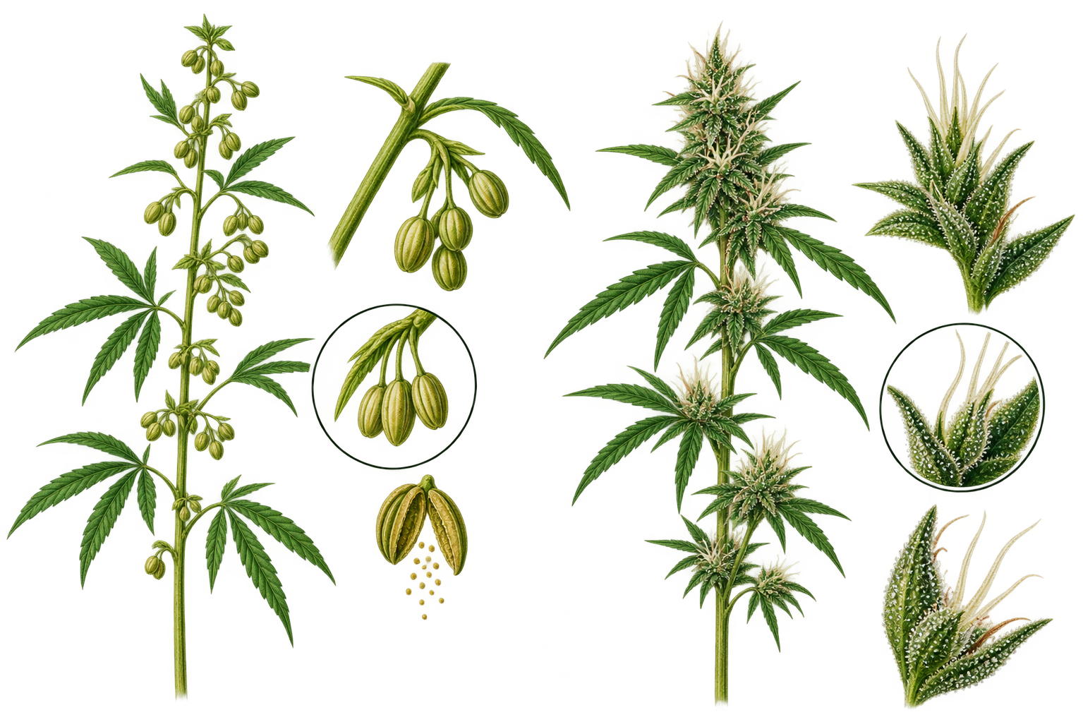 Diagram of cannabis plant growth stages, leaf structure, and flowering process, including detailed views of buds and leaves.