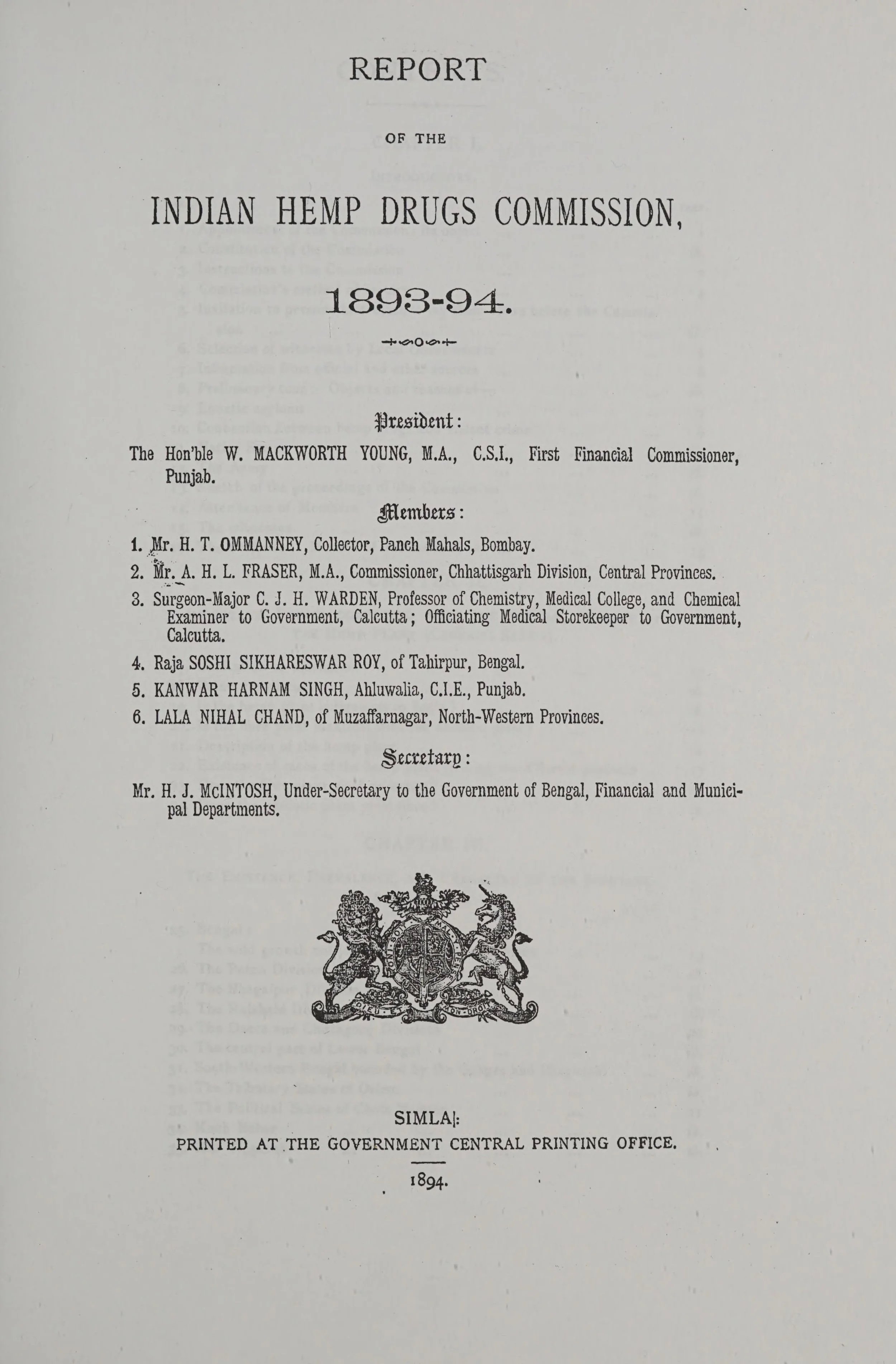 Cover of the Report of the Indian Hemp Drugs Commission, 1893–94, published in 1894.
