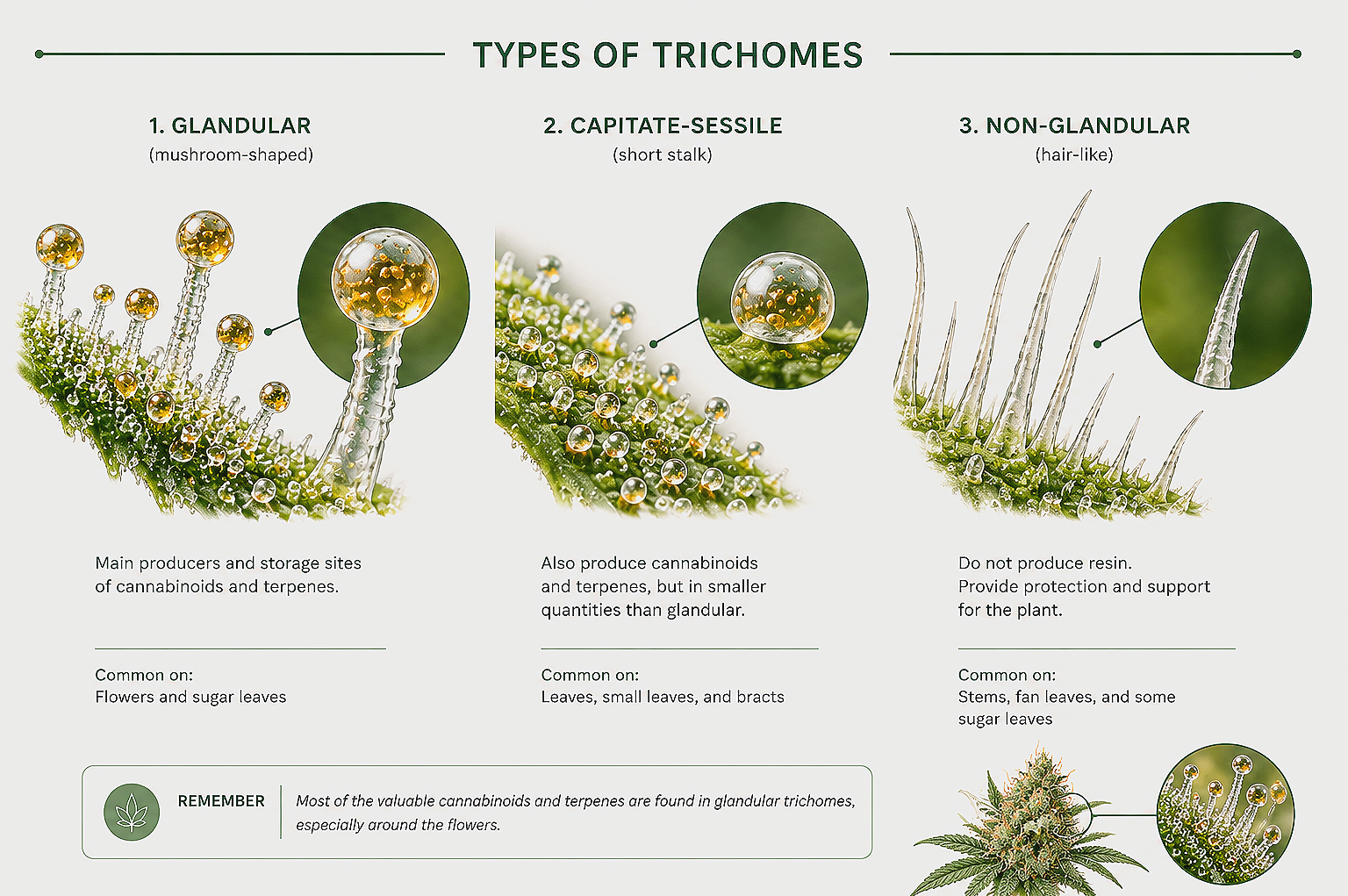 An infographic explaining three types of trichomes: glandular with mushroom-shaped heads, capitate-sessile with short stalks, and non-glandular hair-like structures, showing close-up images of each type of trichome on cannabis plant leaves.