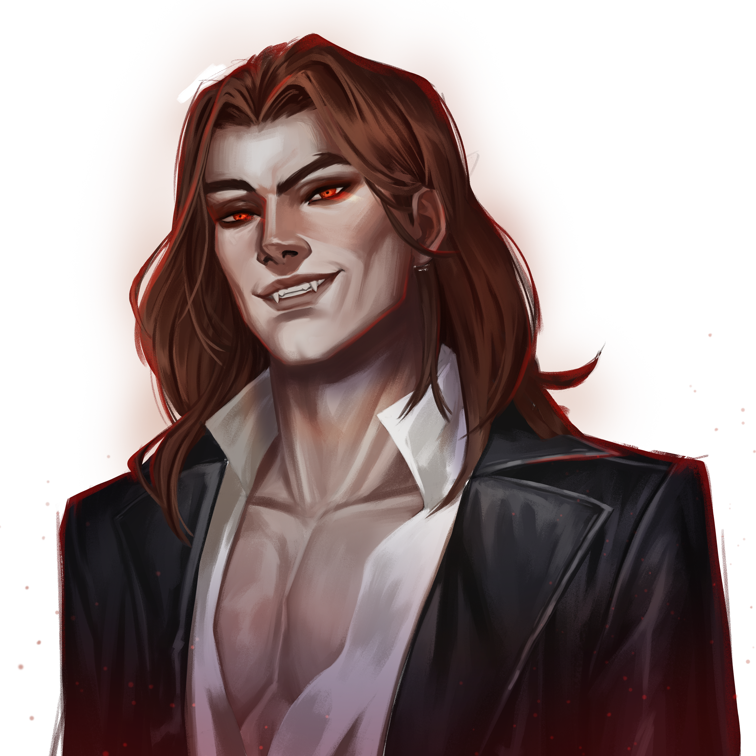 Digital illustration of a person with long brown hair, red eyes, vampire fangs, wearing a black blazer and white shirt, smiling.