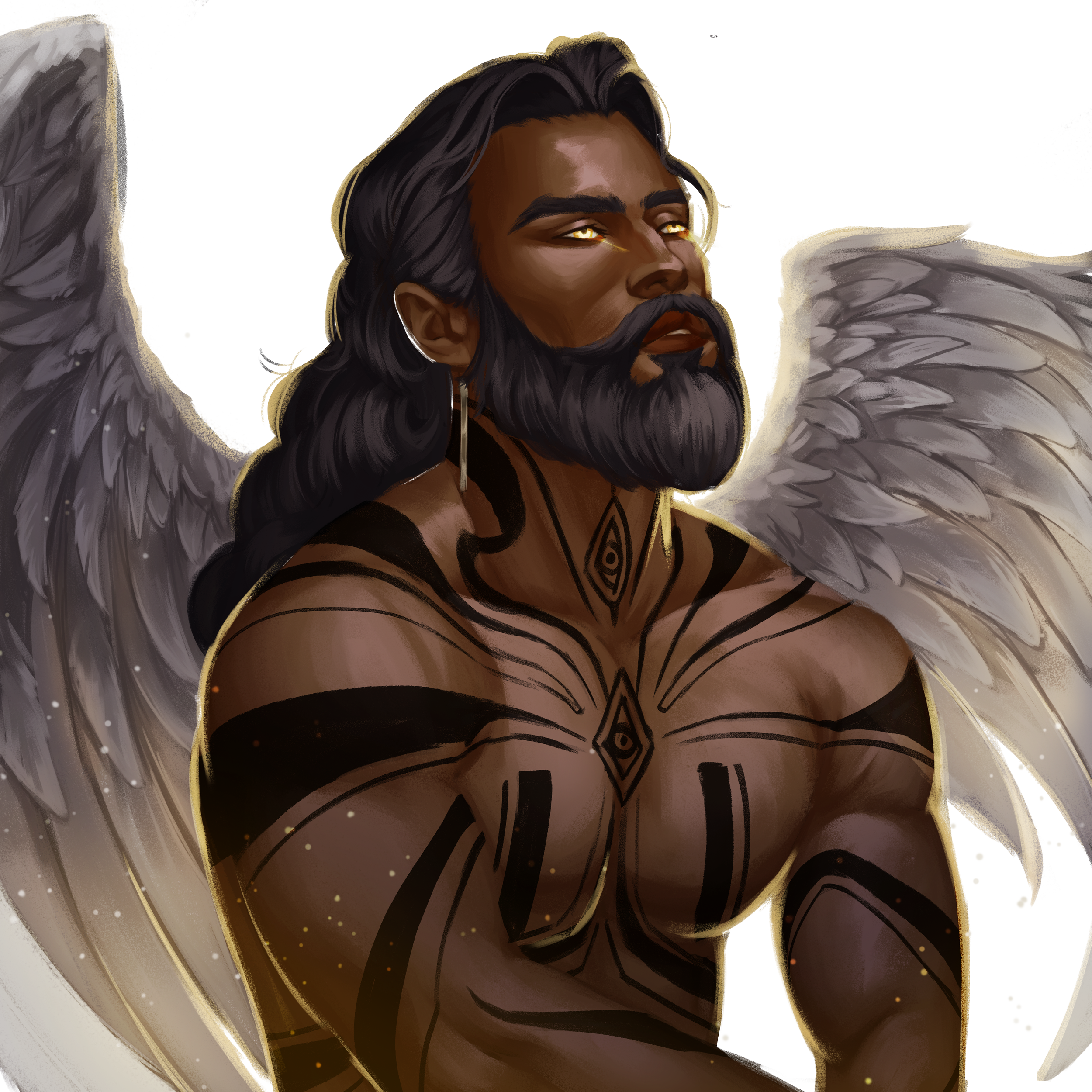 Illustration of a person with dark skin and long, dark hair, surrounded by angel wings, looking to the side with a serious expression, set against a colorful, abstract background.