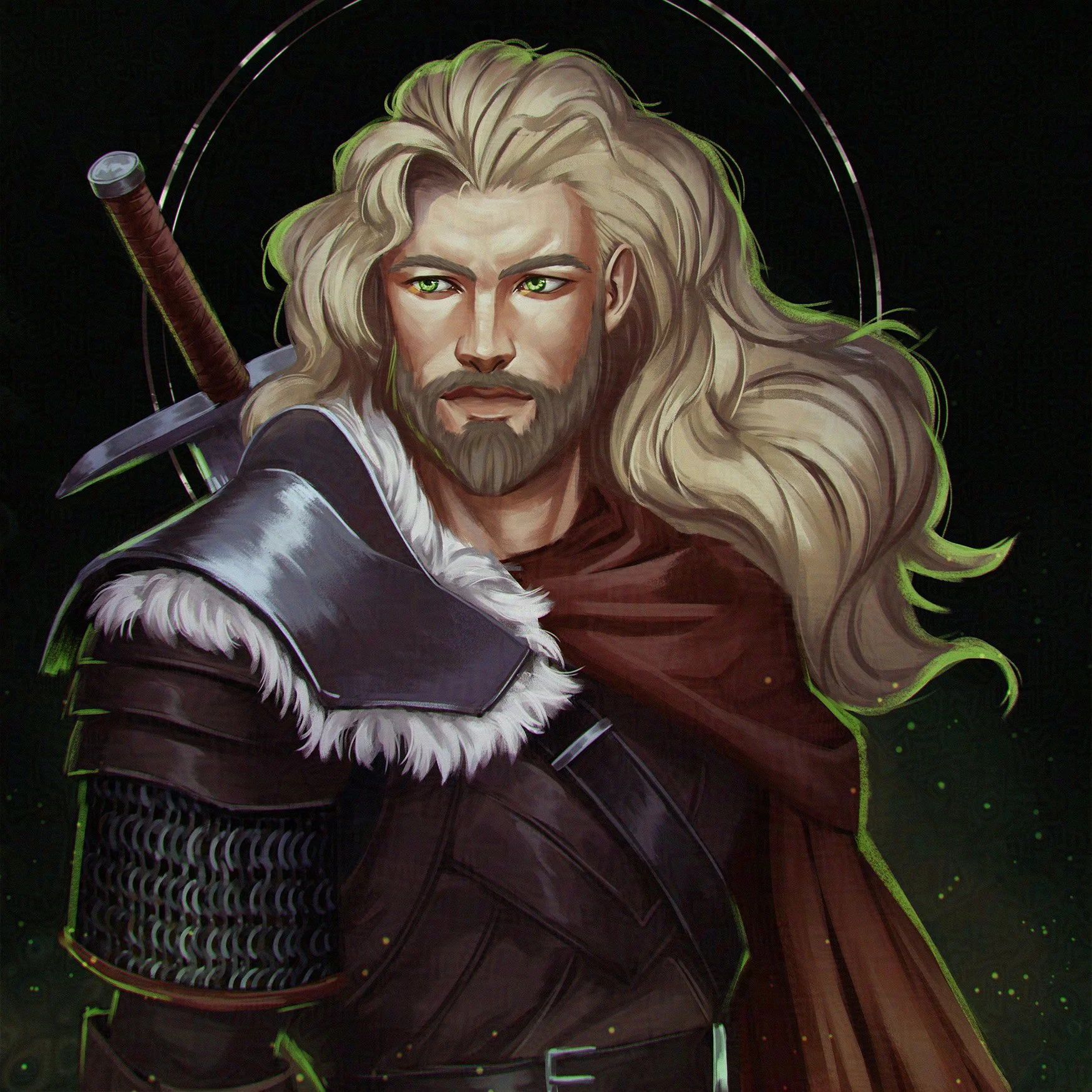 Digital artwork of a medieval warrior with long blonde hair, green eyes, and a beard. He is dressed in chainmail armor and a dark cloak, with a sword on his back. The background is dark with subtle green highlights.