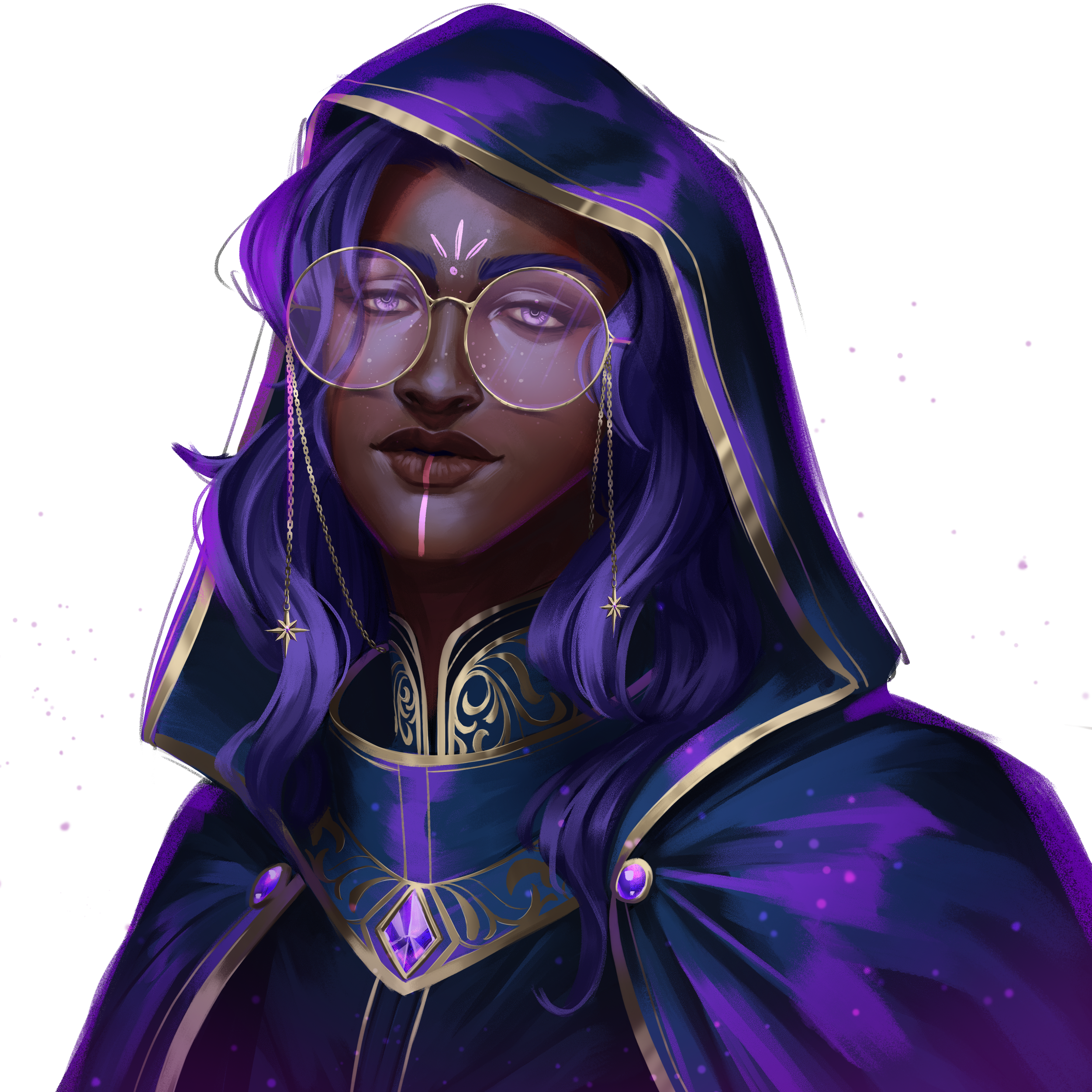 Digital painting of a woman with dark skin, purple hair, wearing round purple glasses, a dark cloak with gold details, and jewelry, set against a black background.