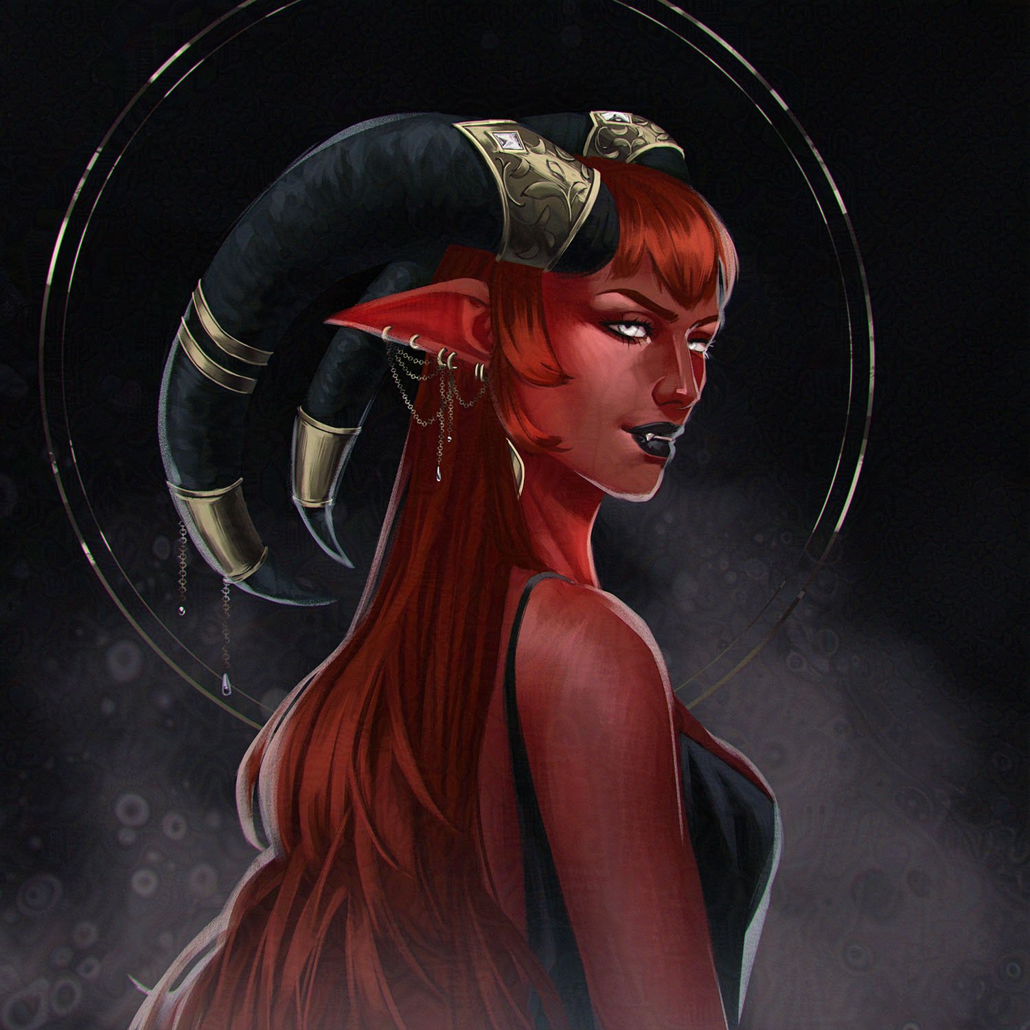 Digital artwork of a female demon with red hair, black horns, and gothic jewelry, against a dark background with glowing circles.