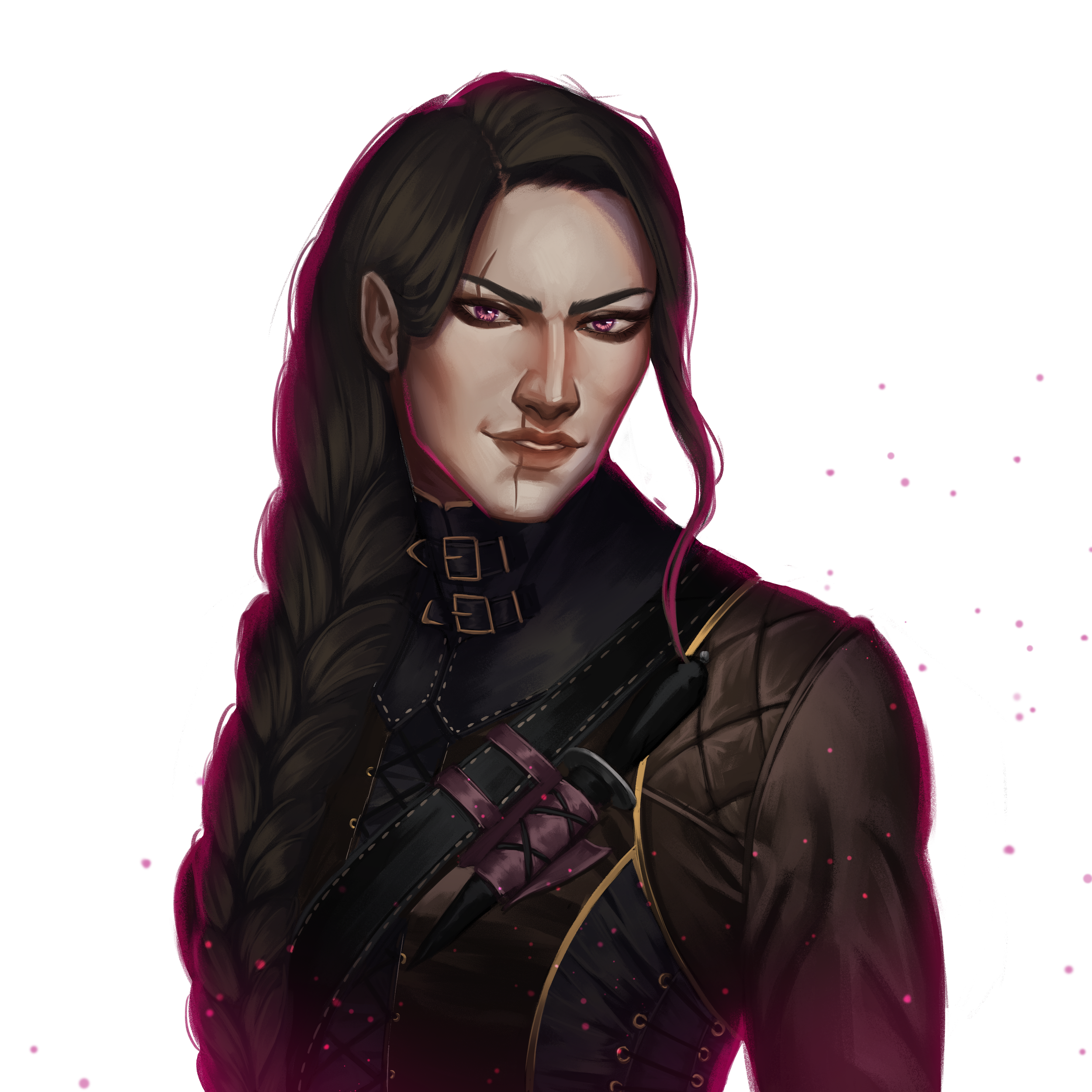 A woman with long dark hair, purple eyes, and a confident expression, wearing a black jacket with gold accents and a choker, set against a plain background.