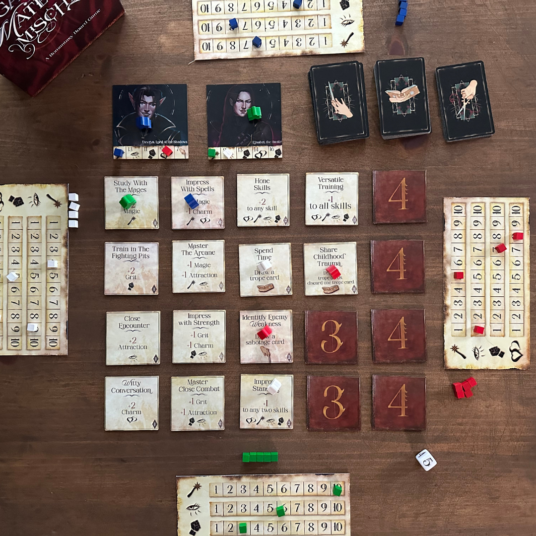 A tabletop board game scene with various cards, tokens, and game pieces including character cards, skill cards, and number counters. The game involves resource management and strategic play.
