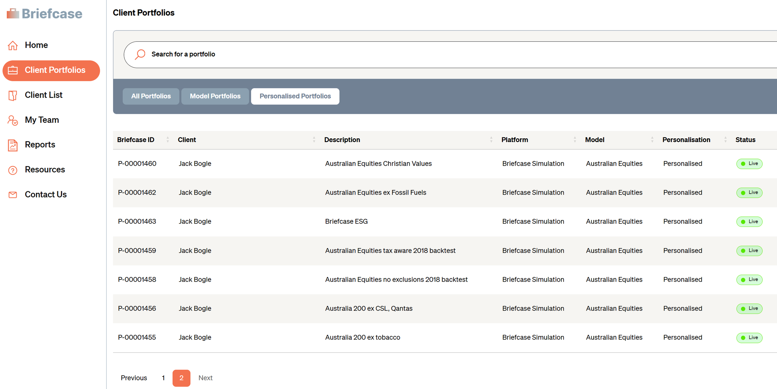 Briefcase personalised portfolios for each individual investor.