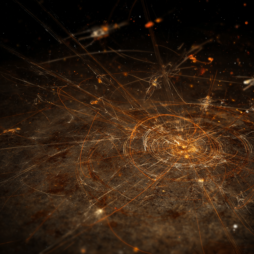 A digital artistic visualization of a cosmic or celestial event with glowing lines, sparks, and circular patterns on a dark background, resembling a high-tech or sci-fi scene.
