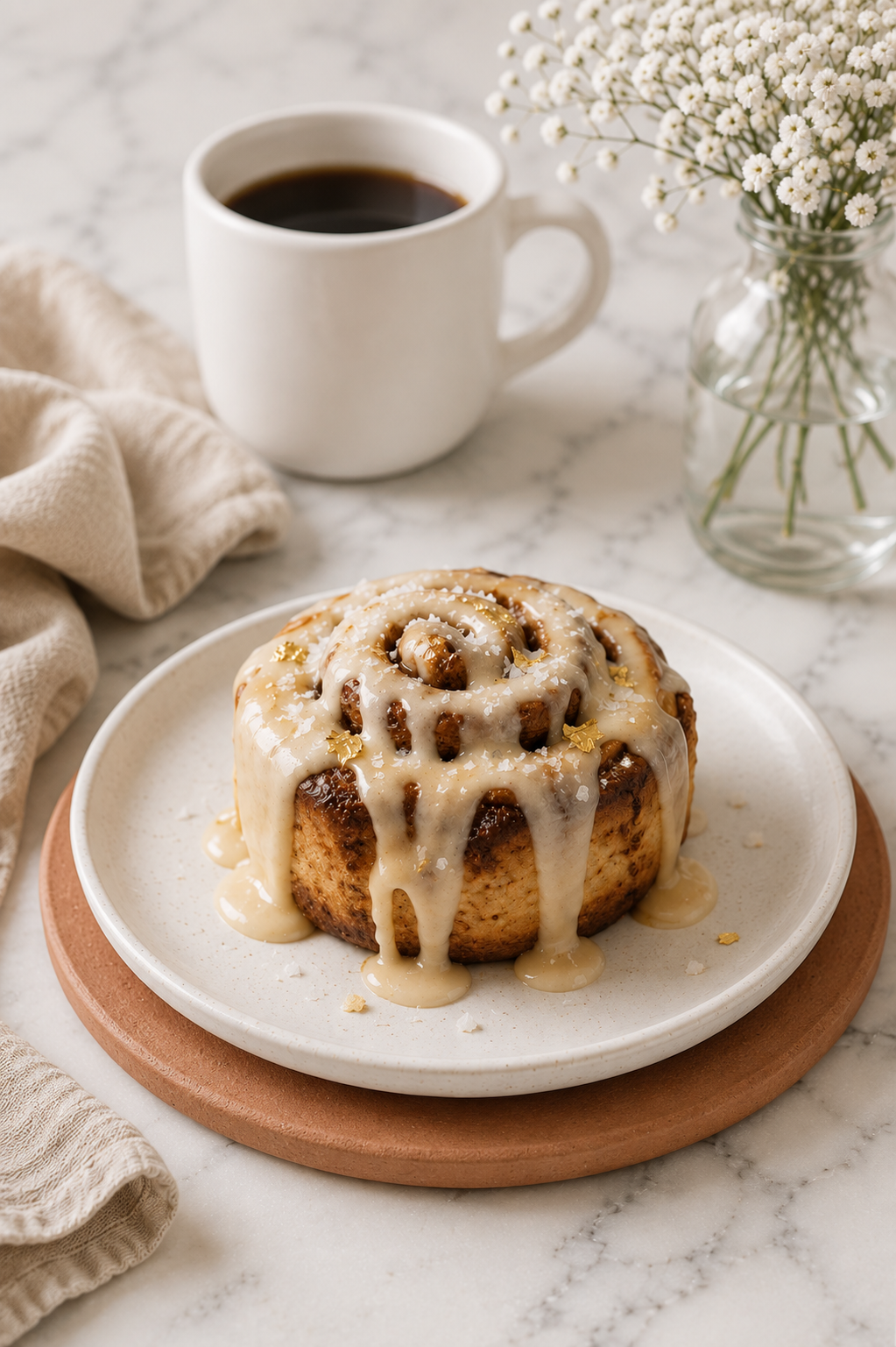 A cinnamon roll with white icing and gold leaf on a white plate, served with a cup of black coffee and a vase of white flowers on a marble table.