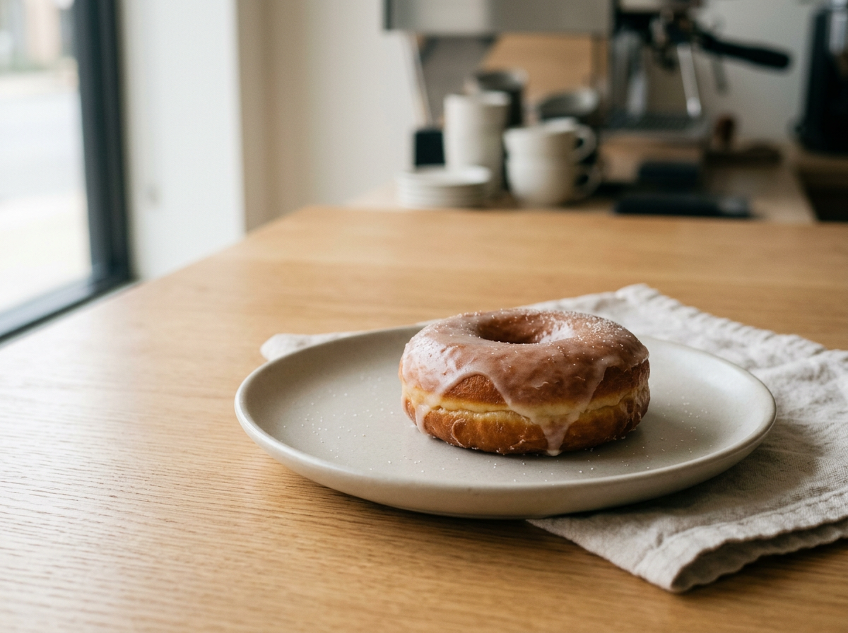 Glazed gluten-free donut on a white plate, resting on a cloth napkin on a wooden table, with a coffee machine in the background.