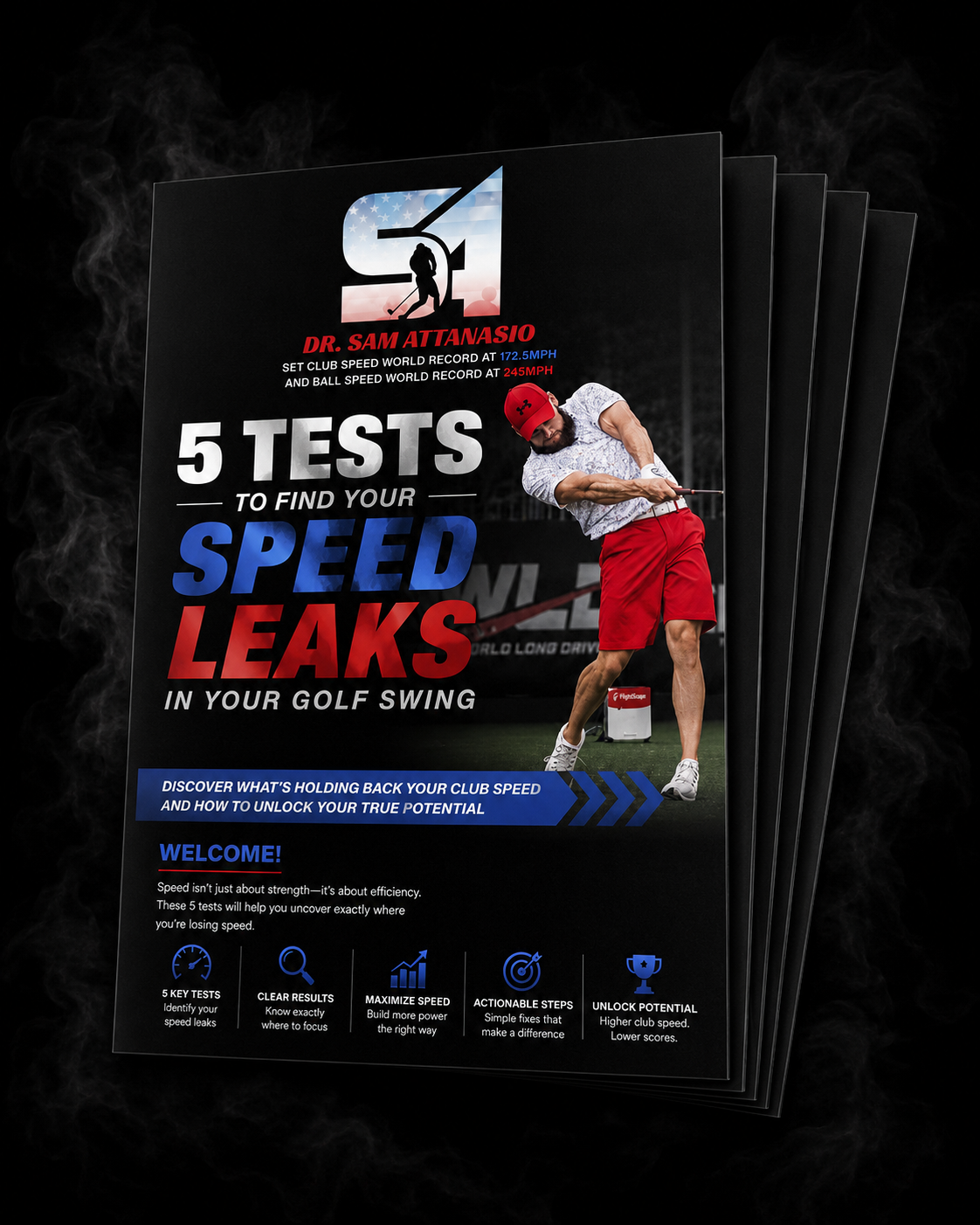 Golf instruction flyer titled '5 Tests to Find Your Speed Leaks in Your Golf Swing' featuring a golfer swinging, with text highlighting world records, key tests for speed leaks, and steps to improve golf swing speed.