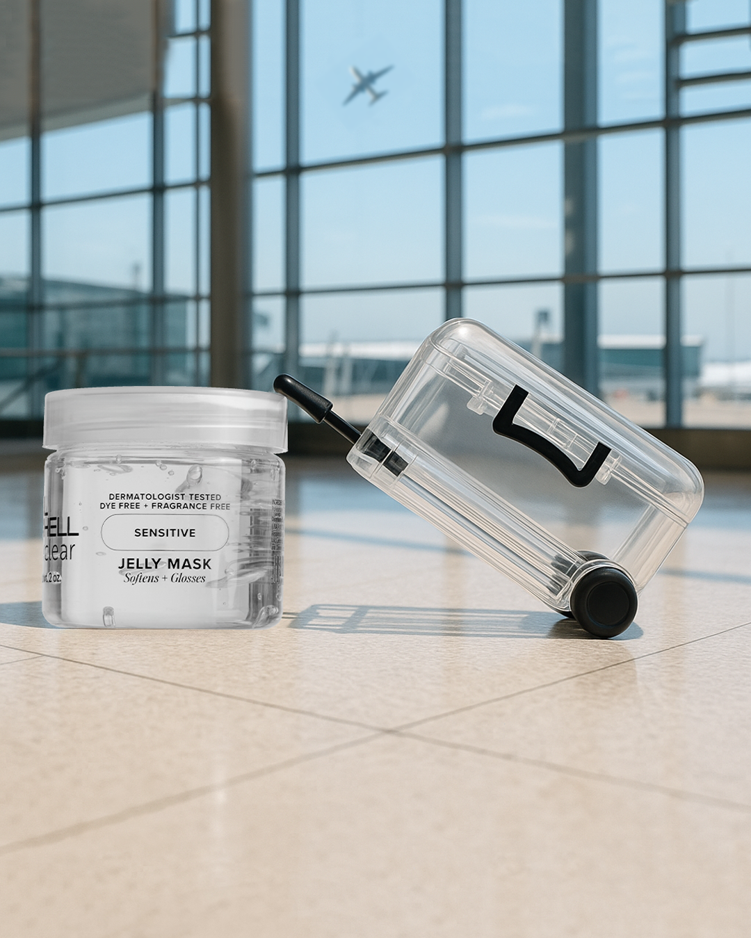 A jar of sensitive jelly mask and a clear plastic roller on the airport terminal floor, with airplanes visible through large windows in the background.