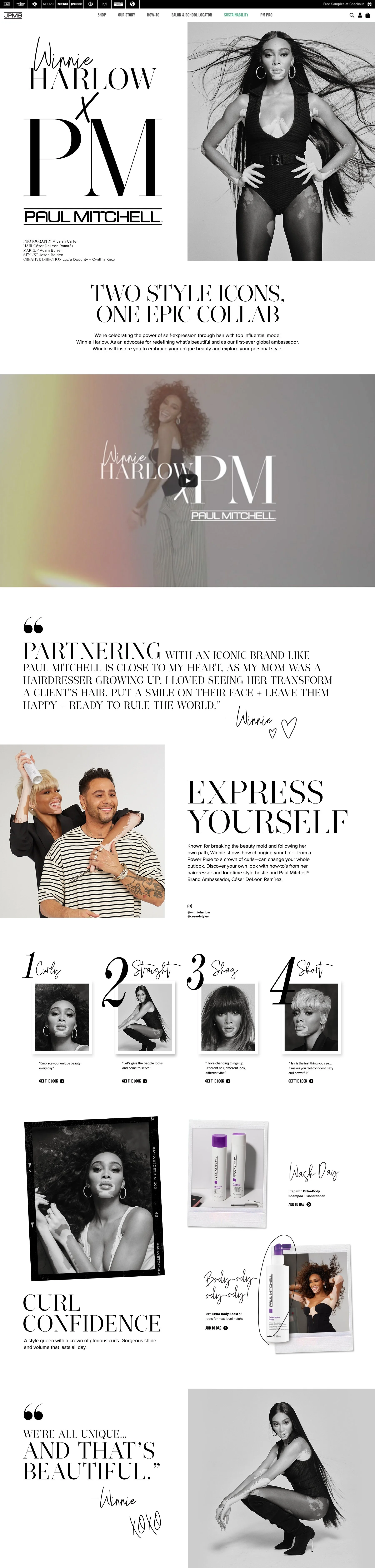 Collage of promotional images for Winnie Harlow and Paul Mitchell, including black and white and color photos of women with diverse hairstyles, and product images of hair care products.