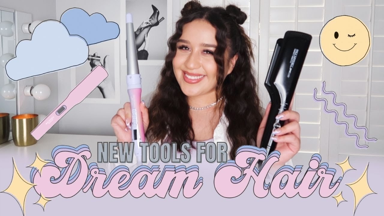 Woman smiling holding a curling iron in one hand and a flat iron in the other with illustrations of clouds, smiley face, and decorative text that says "New Tools for Dream Hair."