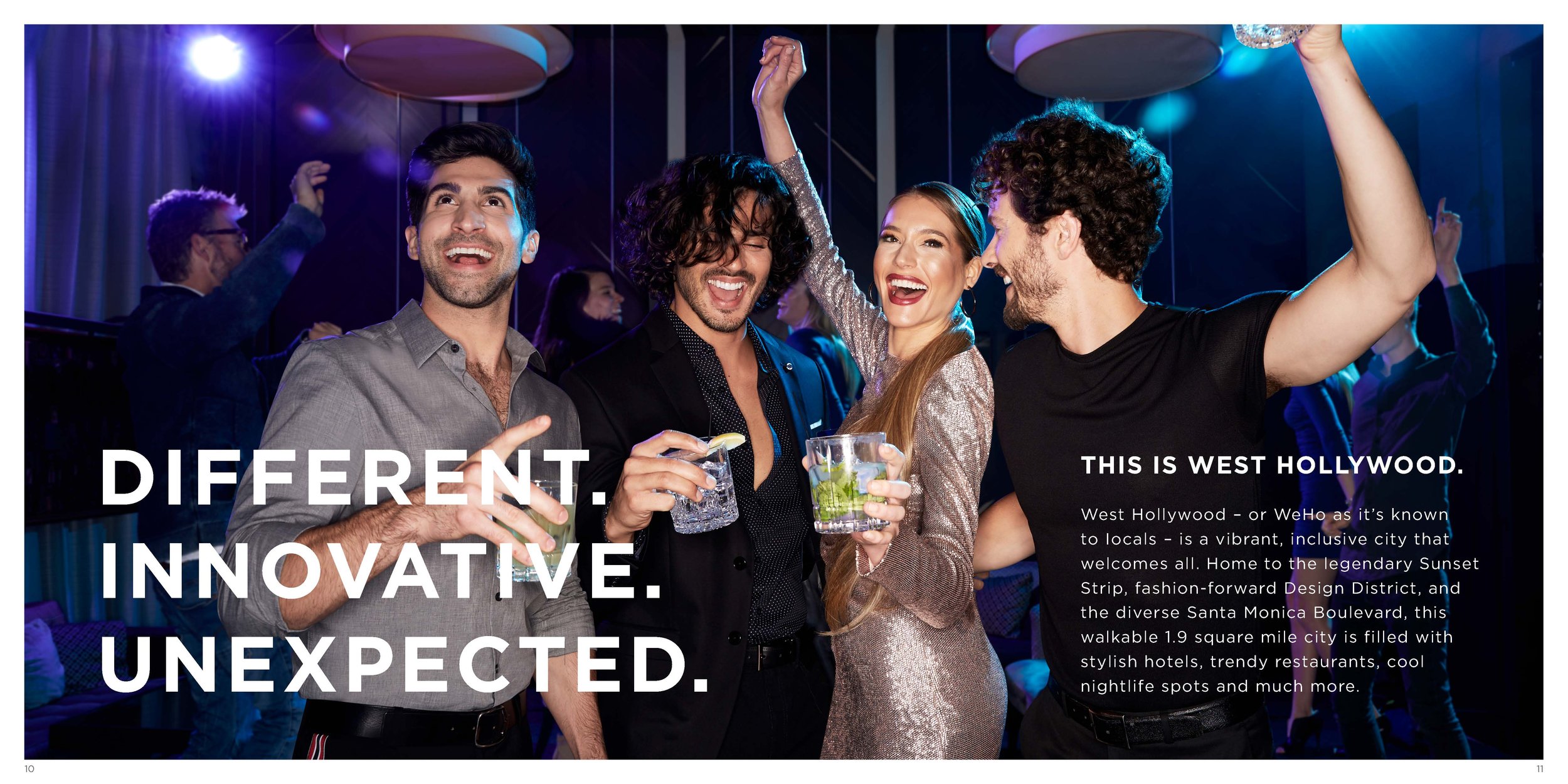 Group of four diverse friends enjoying drinks and dancing at a nightclub in West Hollywood, California, with colorful lighting and festive atmosphere.