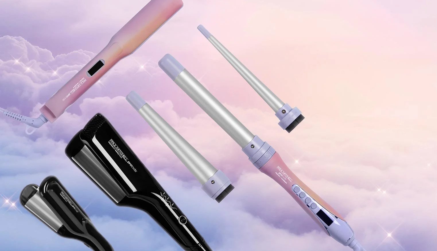 Collection of hair styling tools, including curling irons and a hair dryer, floating against a pastel cloud background.