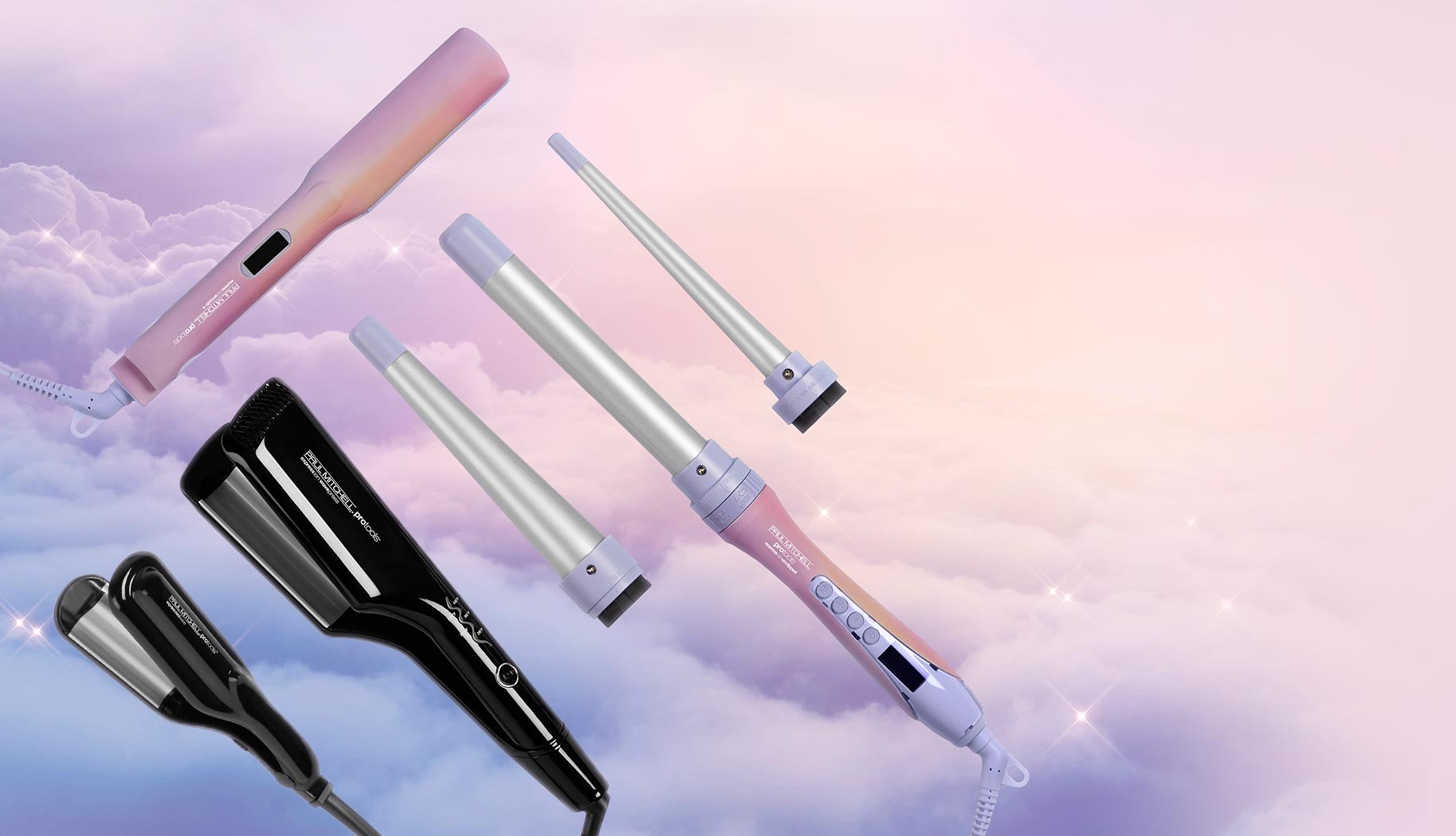 Collection of hair styling tools including curling irons and hair dryers floating against a pastel-colored cloudy sky background.