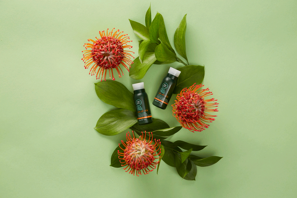Two bottles of tea tree oil surrounded by green leaves and three red tropical flowers on a light green background.
