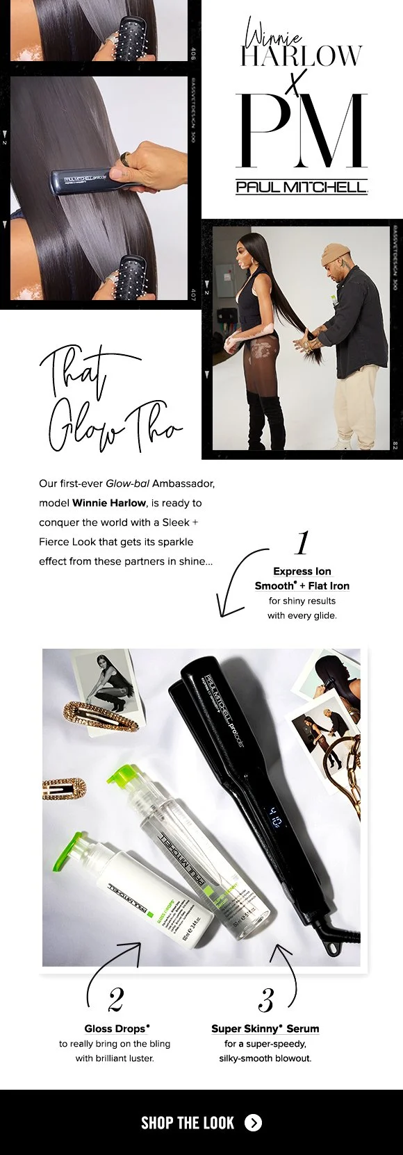 Design collage featuring a model with sleek, straight hair, hair styling tools, and hair care products, including a hair straightener, gloss drops, and serum.