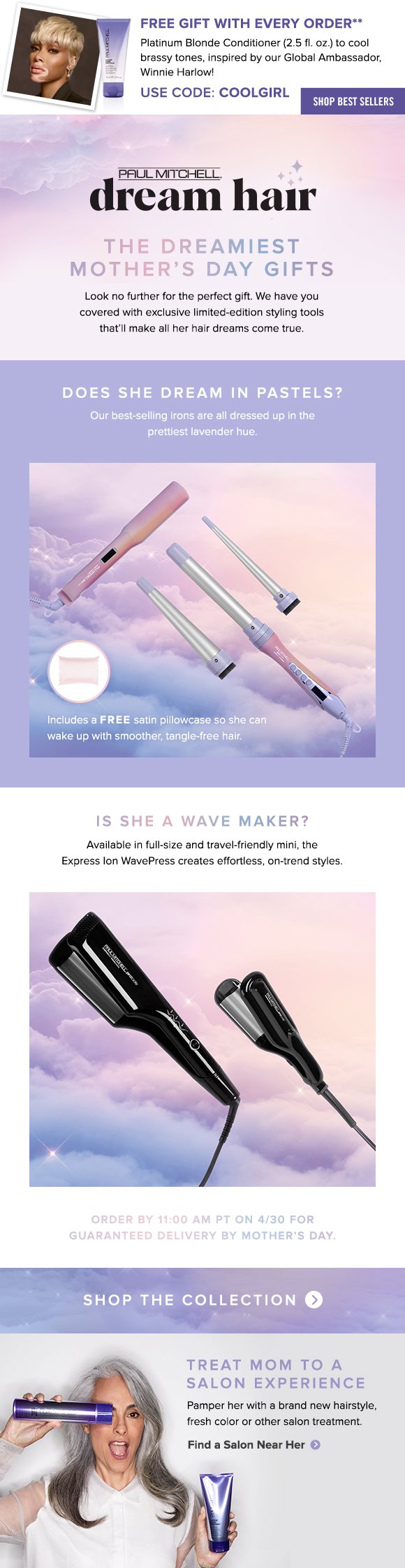 Advertisement for Paula Mitchell Dream Hair products and styling tools, featuring a picture of a woman with short blonde hair, hair styling devices, and a promotional offer for Mother's Day gifts, including a free satin pillowcase and styling tools for effortless hair.