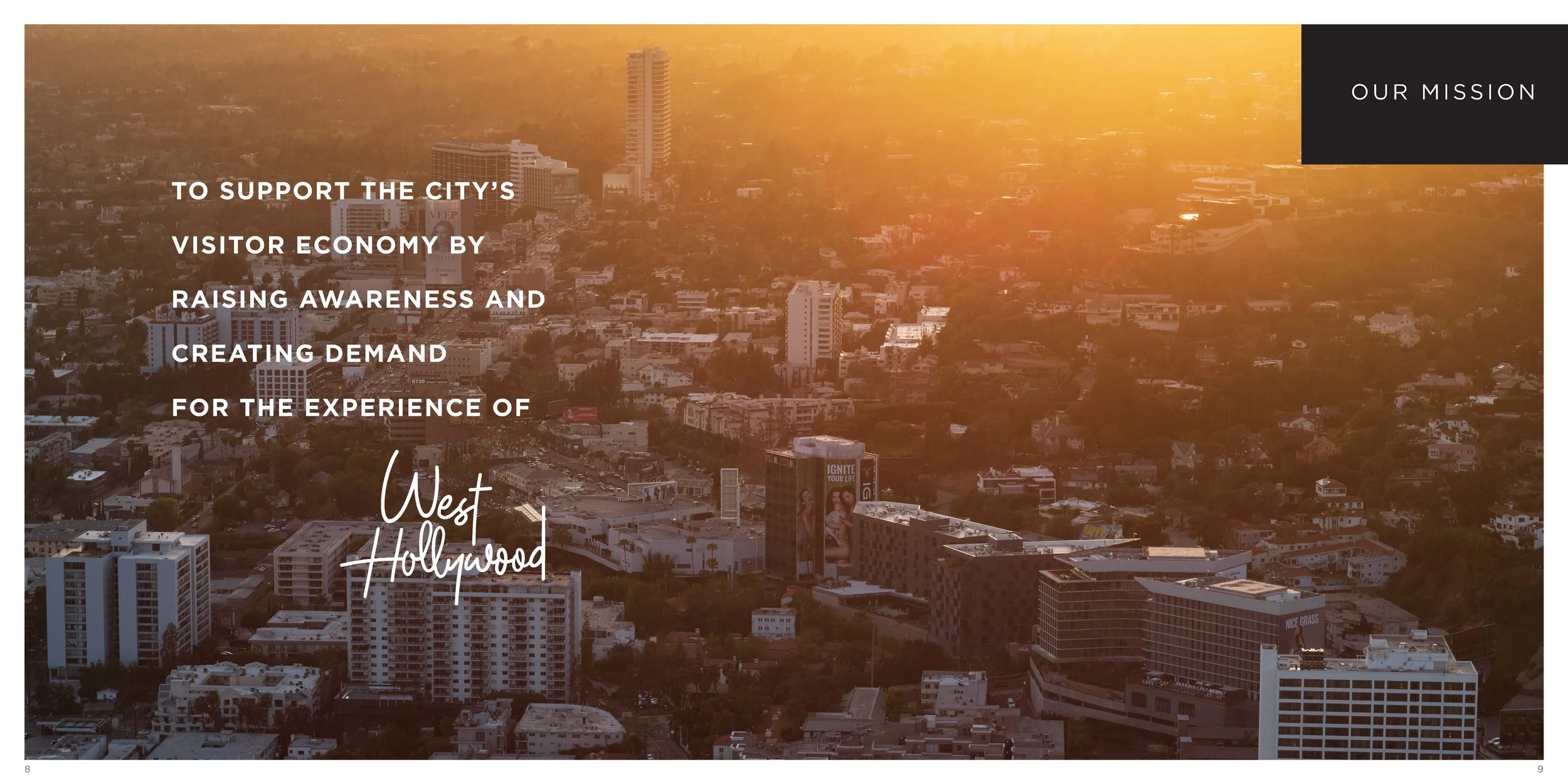 Aerial view of Los Angeles downtown skyline at sunset with buildings, roads, and cityscape visible, overlaid with text about supporting the city's visitor economy and West Hollywood branding.