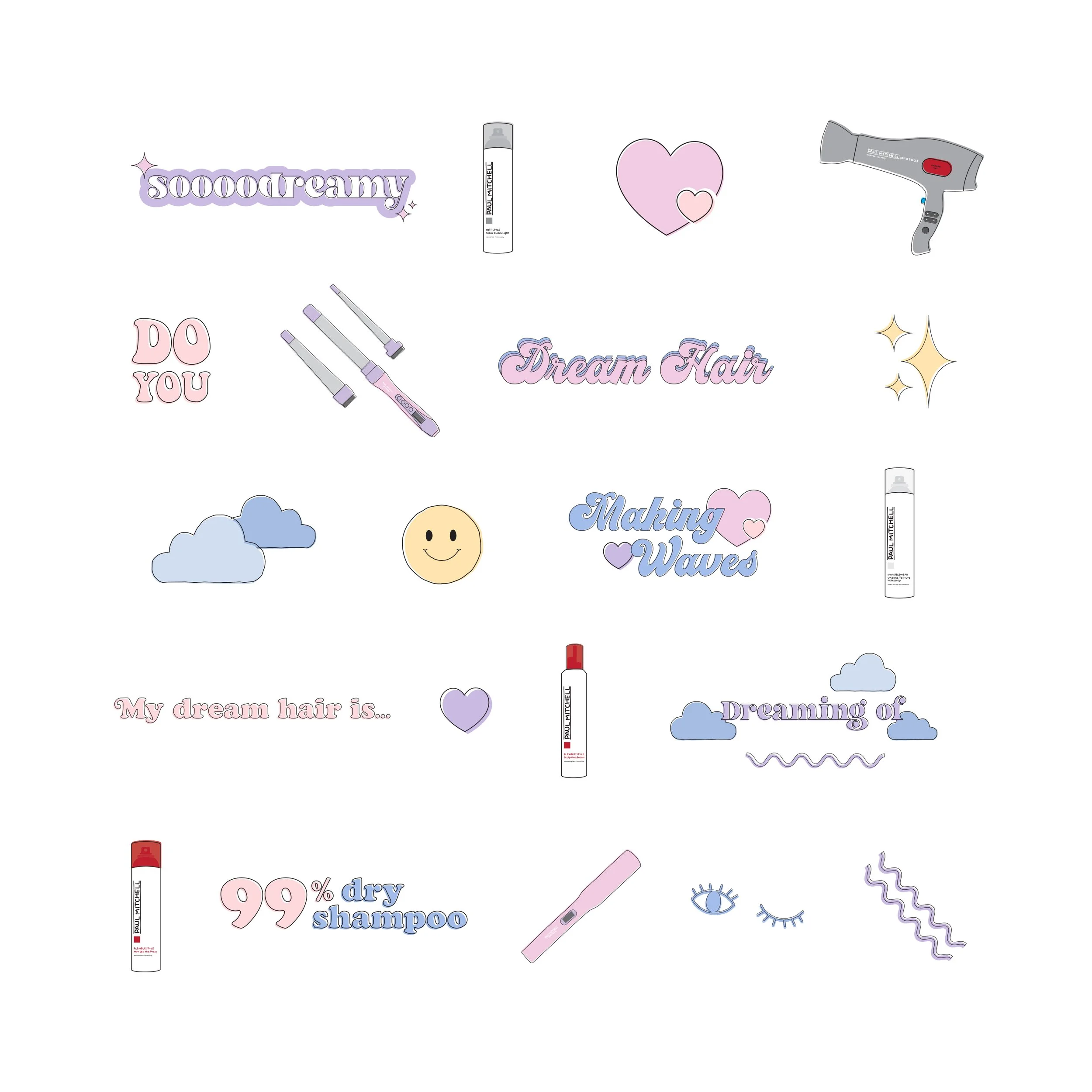 Various illustrations of beauty and hair products, clouds, hearts, a smiley face, eyes and lashes, and motivational text in pastel colors.