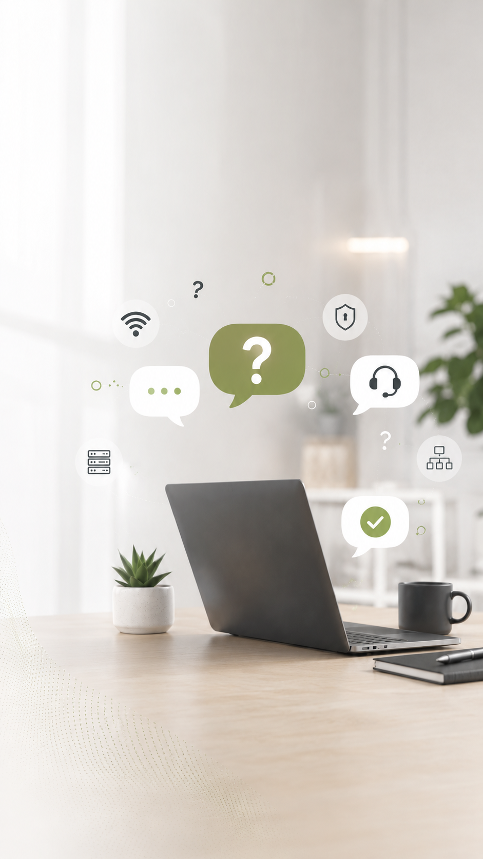 Laptop on desk with digital icons representing frequelntly asked questions, communication, security, Wi-Fi, and data connections.
