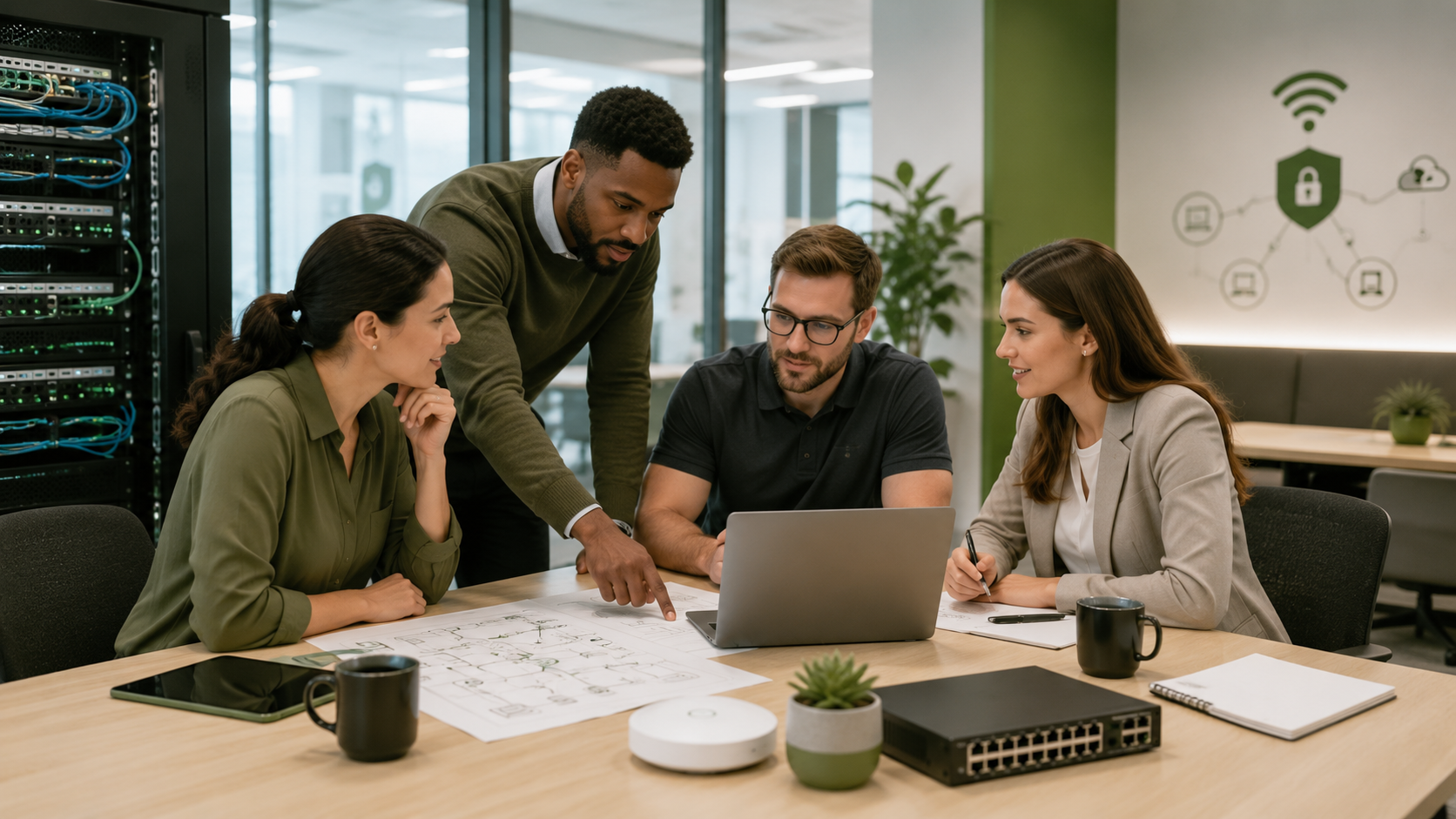 A group of five professionals collaborating at a table with a laptop and network architecture plans in an office setting.