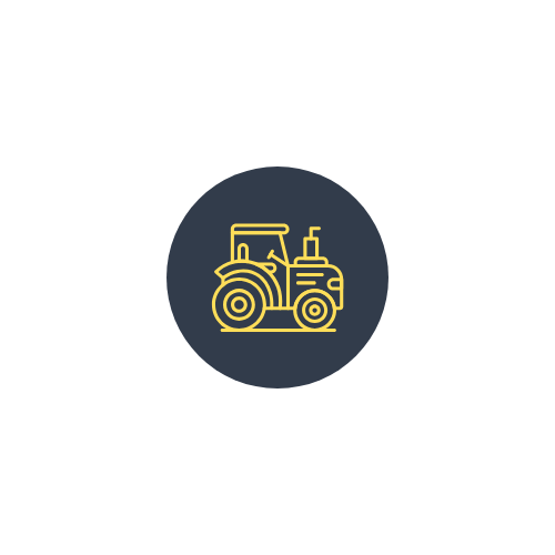Icon of a yellow tractor inside a dark gray circle on a black background.