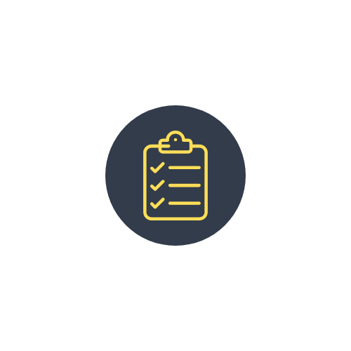 Icon of a clipboard with a checklist inside, with three checkmarks, surrounded by a dark circle.