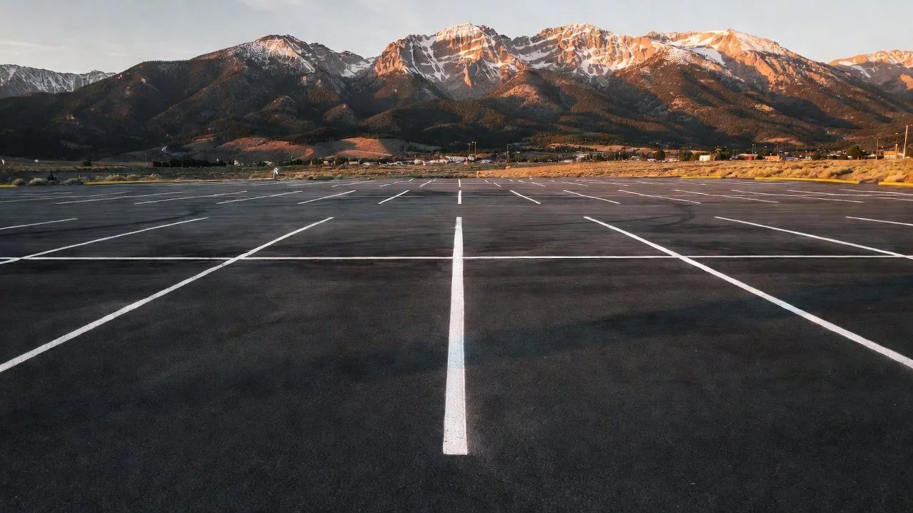 Empty parking lot with marked parking spaces and a mountain range in the background during sunset.