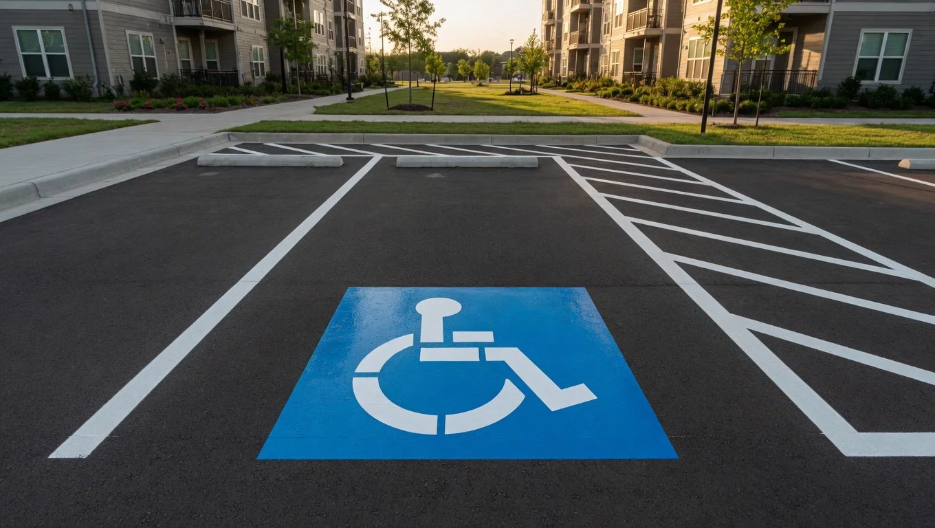 Empty parking space designated for individuals with disabilities, marked with a blue symbol of a person in a wheelchair on the asphalt, within a residential complex parking lot.