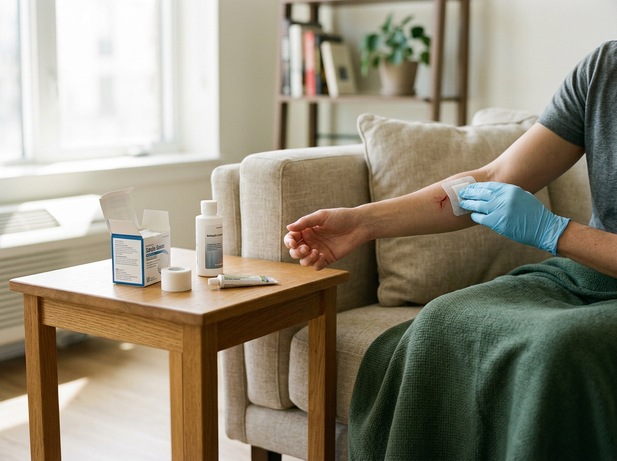 A person sitting on a beige couch applying a bandage to a cut on their forearm. On the wooden table in front of them are medical supplies including antiseptic wipes, ointment, medical tape, and wound dressings.