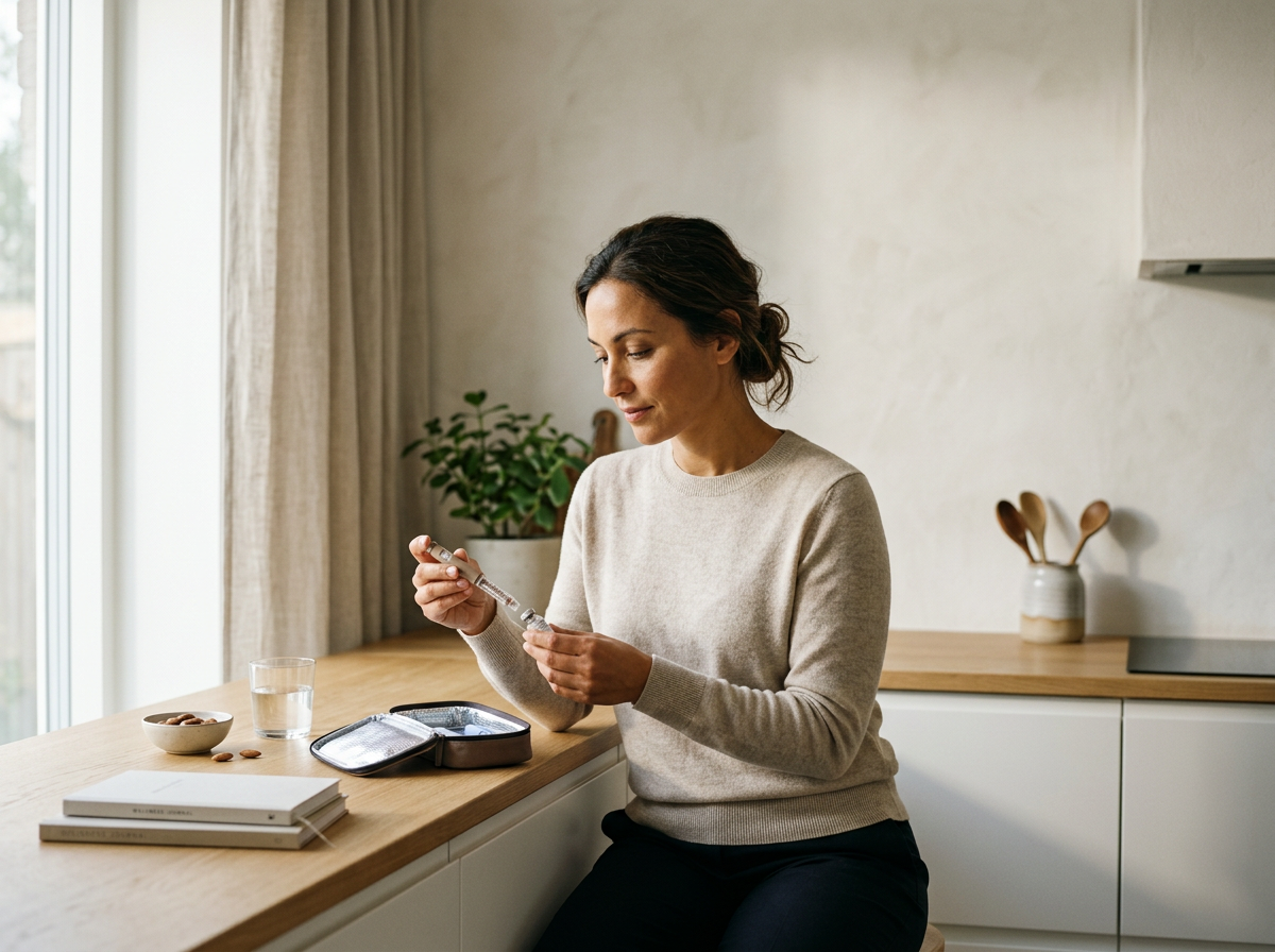 A woman sitting at a kitchen counter, preparing or inspecting a syringe, with a glass of water, a bowl of almonds, notebooks, and a black container nearby.