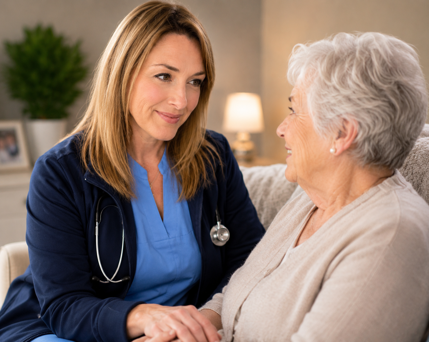 A healthcare professional, dressed in scrubs and a stethoscope, gently holding the hands of an elderly woman and smiling at her in a warm, comforting manner.