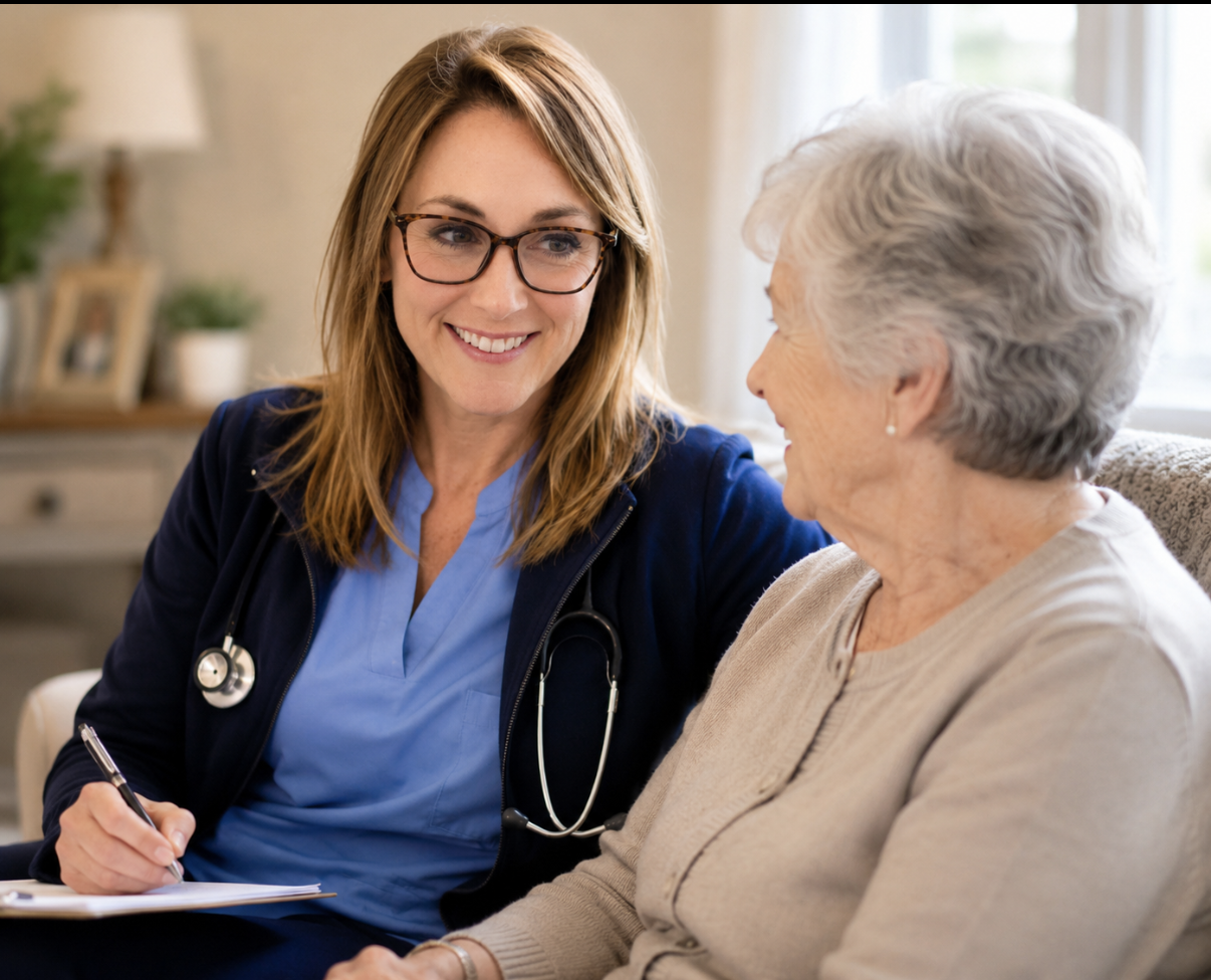 A female healthcare professional wearing glasses, a blue medical uniform, and a stethoscope around her neck talking to an elderly woman with gray hair, sitting on a sofa at home.