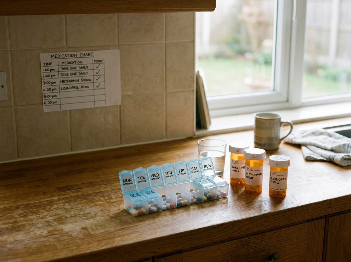 Organized medication setup on a wooden kitchen counter near a window, including pill bottles labeled with medication names, a small pill organizer with days of the week, a glass of water, a mug, and daily chores written on a chart on the wall.